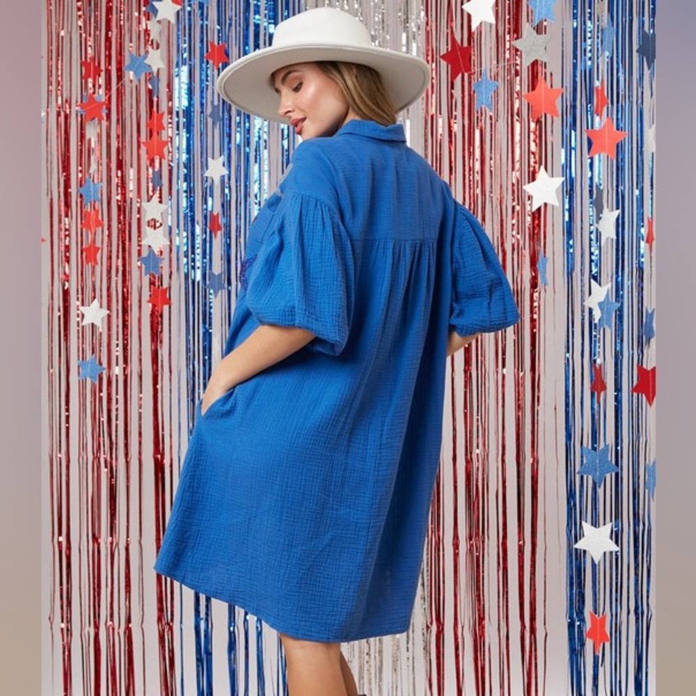 PL1 New Peach love star USA blue dress small medium large pockets boutique nwt - Picture 2 of 3